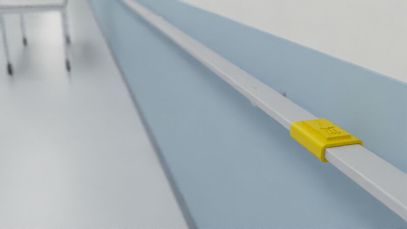 Render of a hospital corridor with a DALIL clip on a timber wall rail.