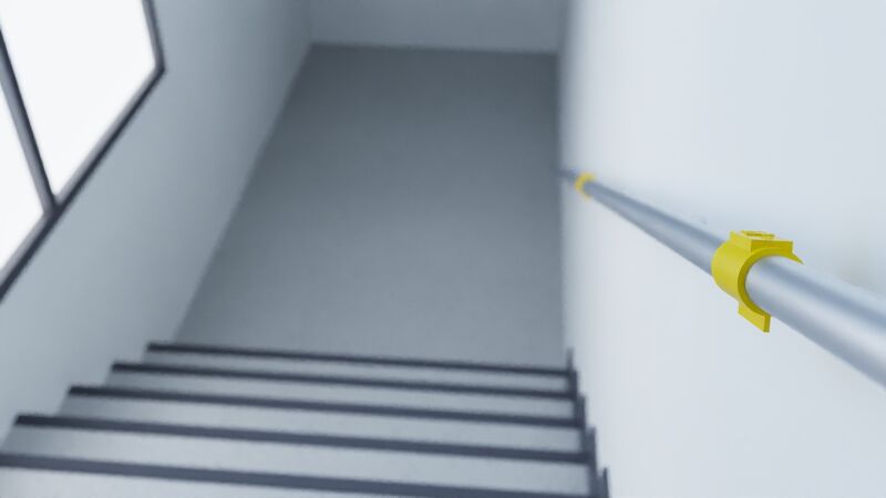 Render of a stairwell with a DALIL clip on the handrail.